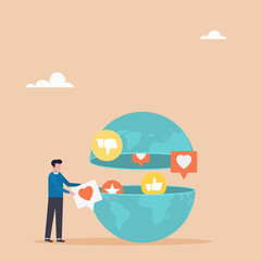 Communication on social networks. A person opens the globe to see positive or negative feedback on social media. Flat vector illustration	