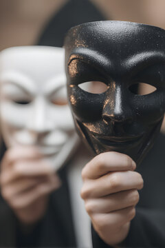 Mystery hoodie man with black mask holding white mask in his hand. Anonymous social masking or bipolar disorder concept.