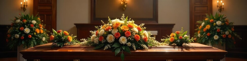 Peaceful Funeral Service Closed Casket, Floral Arrangements, and Religious Icons