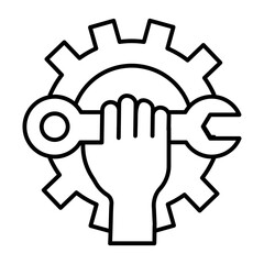 Hand with wrench at cogwheel thin line icon, repair service concept. Vector graphics. Mechanical gear and hand with spanner sign on white background, style mobile or design.