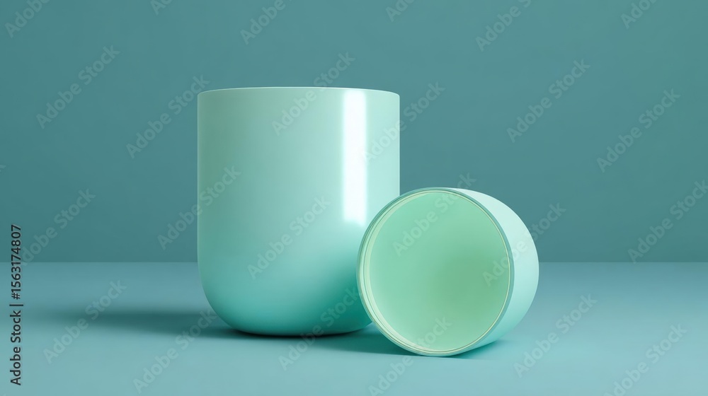 Poster white cylindrical object with a round lid on a light blue background. the object appears to be made 