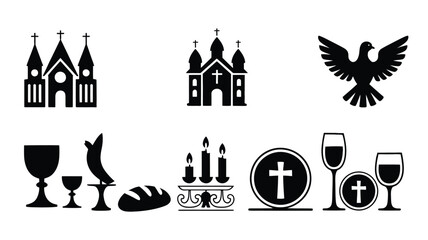 Obraz premium Religious icon silhouette set, minimalist black and white faith and worship symbols designed for spiritual education religious graphics and cultural identity use.