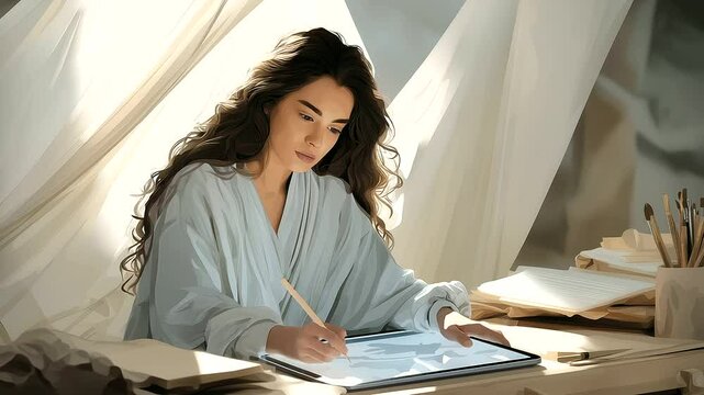 1_A young woman designing on a tablet in a bright studio