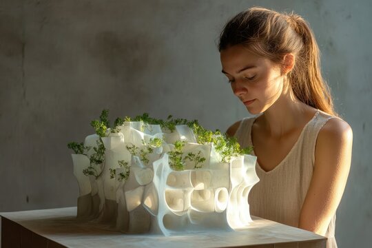 A young woman examines an architectural model of a porous building with integrated greenery.