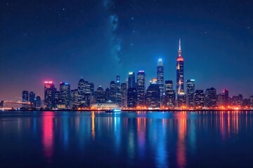 Obraz premium Dazzling Nightlife Skyline Vibrant City Lights Reflecting on Water, Twinkling Stars