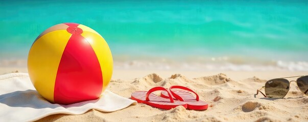 Obraz premium Relaxing Summer Beach Scene Fun in the Sun with Beach Ball, Sunglasses, and Towel on Golden Sand