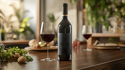 Luxury Embossed Wine Bottle on Polished Oak Table Mockup for Premium Branding