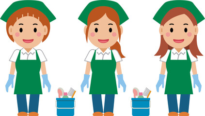 両手を下ろし、笑顔の緑エプロンの女性清掃員。その2