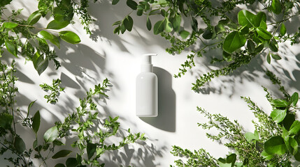 Clean White Organic Skincare Bottle Mockup Surrounded by Fresh Green Foliage