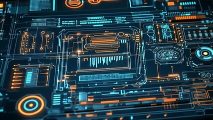 Futuristic digital interface showcasing intricate circuit patterns and glowing elements in a tech setting - Powered by Adobe