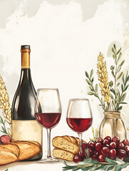 Elegant French Bistro Menu Mockup with Watercolor of Baguette, Wine, and Vibrant Floral Accents
