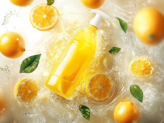 Vibrant Citrus Fruit Dishwashing Liquid Mockup with Splashing Water and Dynamic Lighting