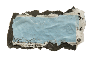 A fragment of torn rectangular-shaped blue newspaper