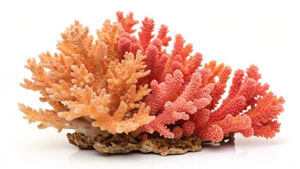 Naklejka premium Vibrant Peach and Coral Branching Sea Coral Specimen on White Background; Studio Shot.