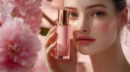 Elegant Woman Holding Skincare Bottle Near Face, Flawless Glow, Premium Beauty Product Advertisement