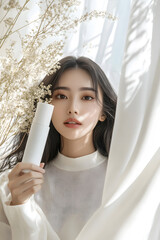 Minimalist Beauty Portrait with Skincare Product in Serene Studio Setting