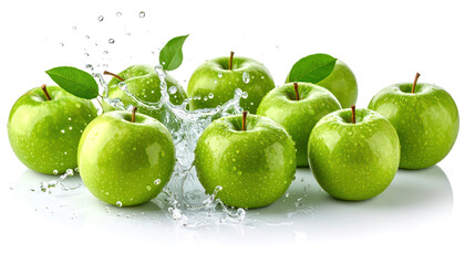 Obraz premium Water splashes on bright green apples on a white background.
