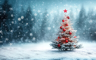 Vibrant red Christmas tree adorned with snowy branches, a festive holiday decoration perfect for winter celebrations and New Year greetings