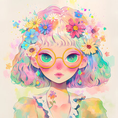 Whimsical Cartoon Girl with Vibrant Watercolor Textures and Playful Expression