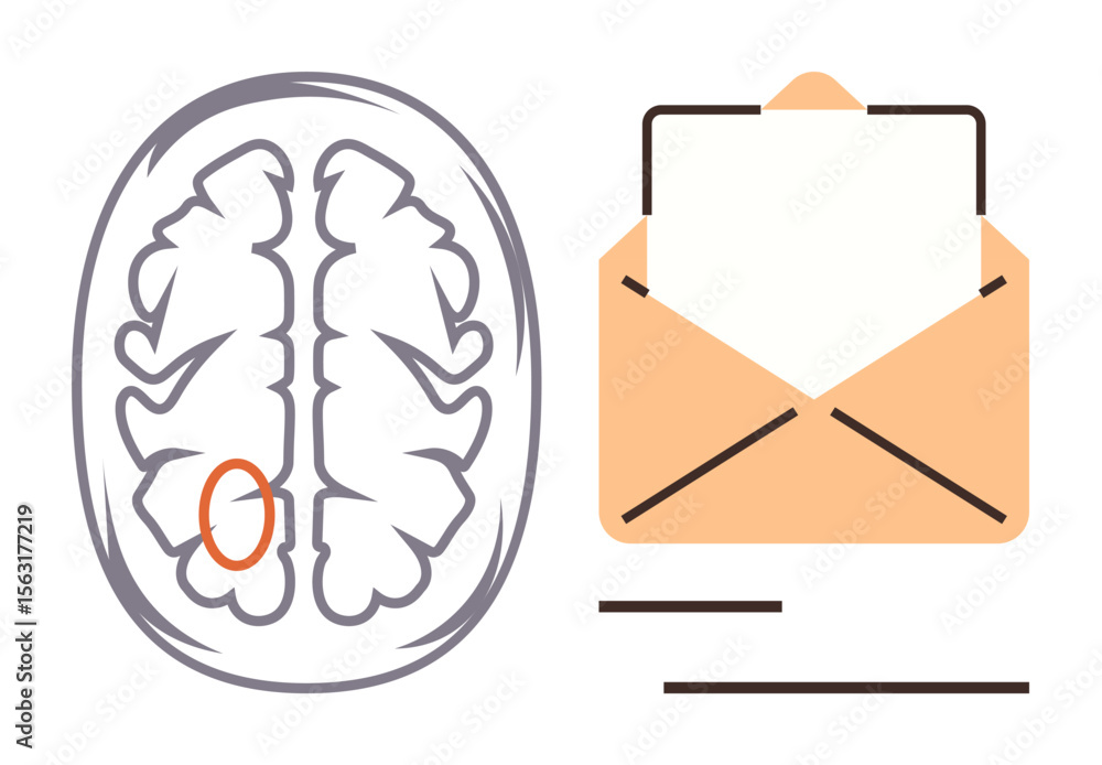 Poster stylized brain diagram next to an open envelope with inserted paper, emphasizing communication, cogn