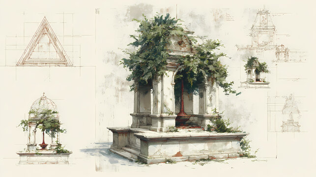 magazine feature on timeless invention | dormant energy | timeless vigilance | pale rust and moss | triangular reverence | vine-choked observatories | timeworn detailing | tempera glaze | archaic