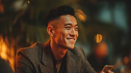 Smiling Asian man in a suit holding a phone at night