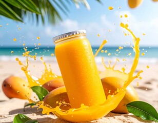 An attractive ad post for juice_box featuring a vibrant and juicy mango theme, with splashes of mango juice and a bright, appealing background, emphasizing freshness and natural flavor Juicy Mango 