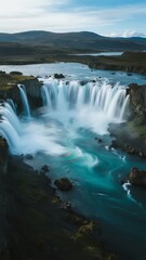 Fototapeta premium Spectacular Waterfall Cascading into a Turquoise River with Surrounding Rocky Terrain