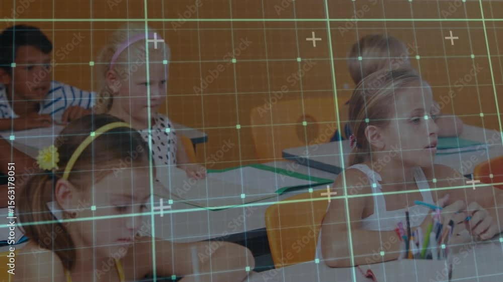 Poster digital grid overlay scanning classroom, revealing elementary students writing notes for learning
