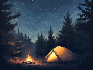 Cozy Tent Glowing Under Starry Night Sky in Tranquil Forest Setting camping in the mountains