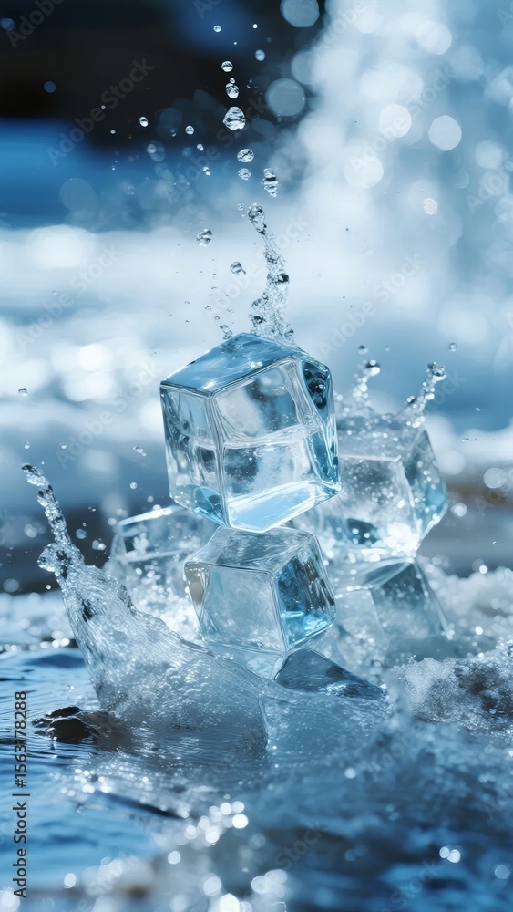 Poster ice cubes splashing into water, creating dynamic droplets and ripples.