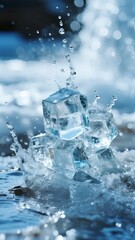 Obraz premium Ice cubes splashing into water, creating dynamic droplets and ripples.