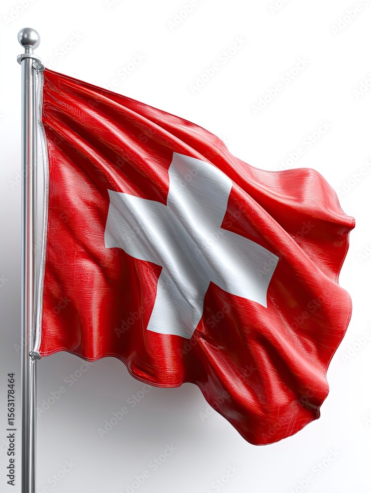 Poster waving swiss flag on a flagpole isolated against a white background prominently displaying the red f