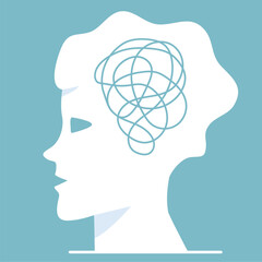 Woman mental health concept.Head with messy thoughts.Emotional burnout and other psychological problems. Depressed people with mental disorder.Vector illustration.