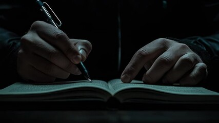 Mysterious Midnight Writer: A Darkly Lit Close-Up of Hands Writing in a Book