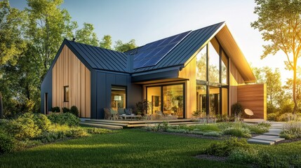Obraz premium Energy-efficient modern house with exterior heat pump, metal roofing, and eco-friendly construction materials under bright afternoon sun