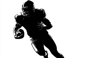 Football Player Silhouette in Action. A striking black silhouette of an American football player in a dynamic running pose, rendered in a bold vector style against a clean white background.