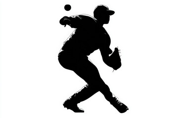 Naklejka premium Baseball Pitcher Silhouette. A black silhouette of a baseball pitcher in action, captured in a dynamic, vector style against a white background.