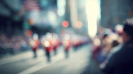 Blurred parade marchers in vibrant splendor, echoing the spirited beats of National Independence Day; urban symphony, communal exuberance