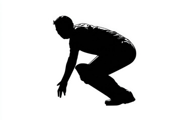 Athlete Silhouette in Crouching Position. A black silhouette of an athlete in a vector style, set against a white background, suggesting movement and strength.