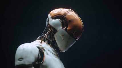 Robotic sentinel in amber armor contemplates existence, evoking Cybersecurity Month, Solstice of Technology, digital guardianship, evanescent circuitry