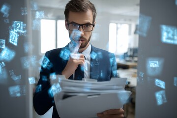 Professional in a modern office handling confidential data with digital symbols.
