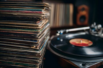 Vintage records and turntable evoke nostalgia in a well-lit studio.