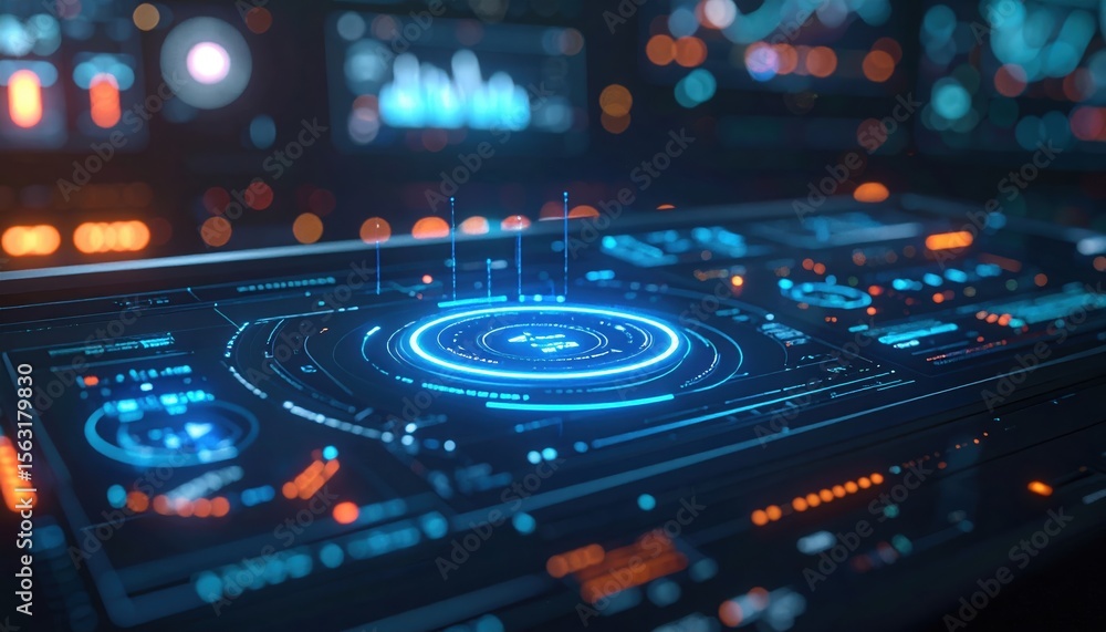 Poster high tech futuristic digital interface with glowing holographic elements and neon lights for advance