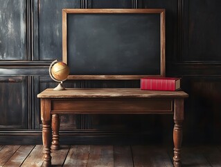 Rustic School Classroom Scene with Chalkboard and Wooden Desk Set for Back‑to‑School Concept
old school desk with chalkboard