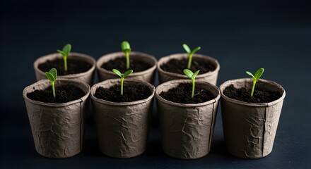 Green seedlings sprouting in biodegradable peat pots on dark background gardening concept flat