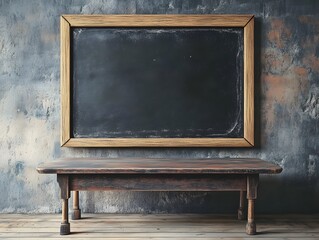 Vintage Blackboard Above Classic School Table in Clean Classroom Interior Representing Learning Environment empty blackboard on a wooden wall