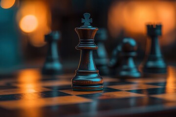 A close up shot of a chess king piece on a chessboard with other pieces in the blurred background