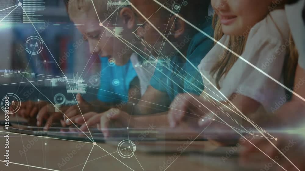 Poster Children tapping keyboards and starting collaborative learning using animated data network overlays