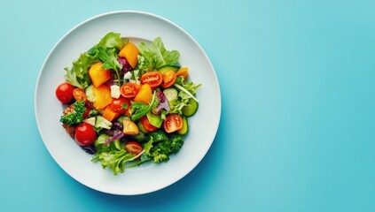 Colorful salad on white plate against a vibrant teal background
